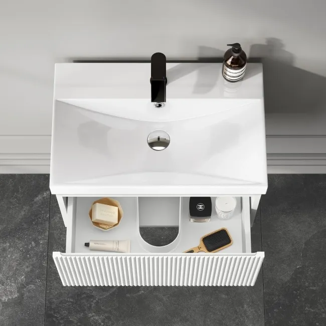 Malta Fluted Coastal White Wall Hung Basin Drawer Vanity 600mm