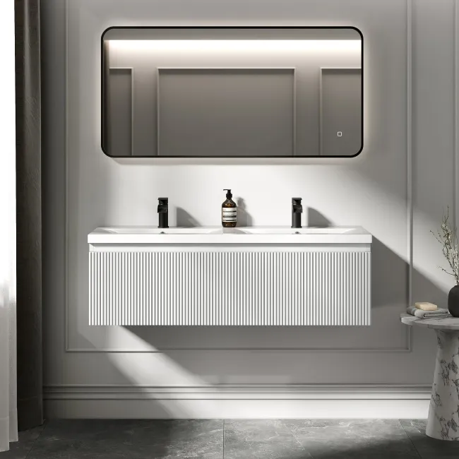 Malta Fluted Coastal White Wall Hung Double Basin Drawer Vanity 1200mm