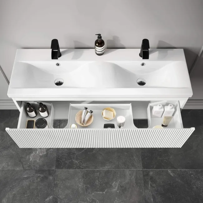 Malta Fluted Coastal White Wall Hung Double Basin Drawer Vanity 1200mm