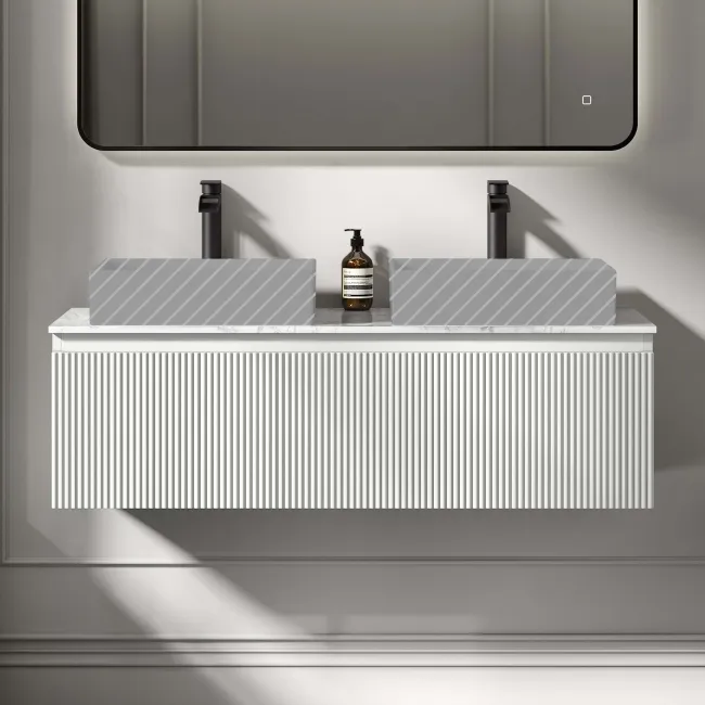 Malta Fluted Coastal White Double Wall Hung Drawer Vanity Marble Top 1200mm - No Basin