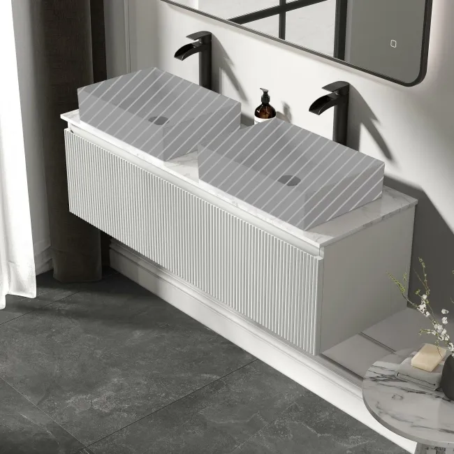 Malta Fluted Coastal White Double Wall Hung Drawer Vanity Marble Top 1200mm - No Basin