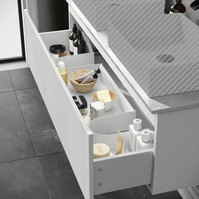 Malta Fluted Coastal White Double Wall Hung Drawer Vanity Marble Top 1200mm - No Basin
