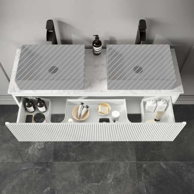 Malta Fluted Coastal White Double Wall Hung Drawer Vanity Marble Top 1200mm - No Basin