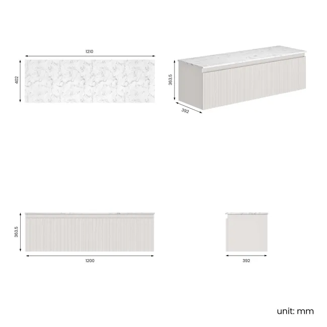Malta Fluted Coastal White Double Wall Hung Drawer Vanity Marble Top 1200mm - No Basin