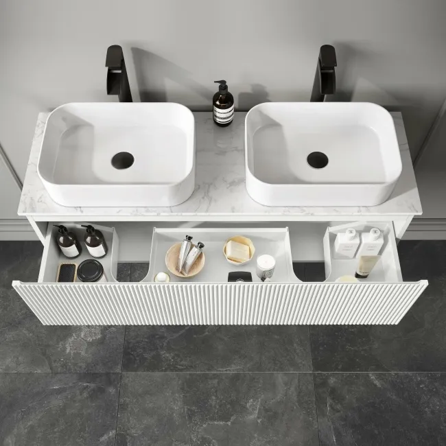 Malta Fluted Coastal White Double Wall Hung Drawer Vanity with Marble Top & Marin Basin 1200mm