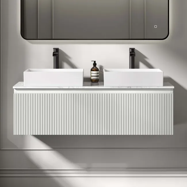 Malta Fluted Coastal White Double Wall Hung Drawer Vanity with Marble Top & Cody Basin 1200mm