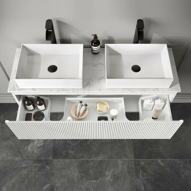Malta Fluted Coastal White Double Wall Hung Drawer Vanity with Marble Top & Cody Basin 1200mm