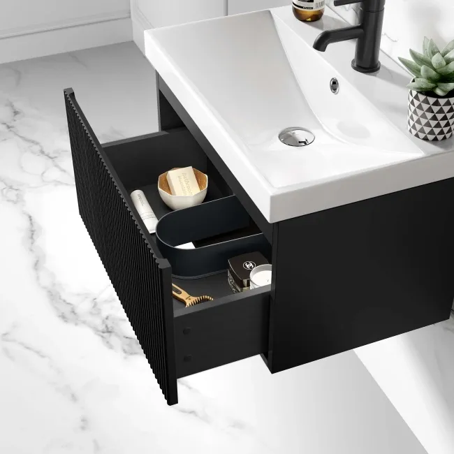 Malta Fluted Matt Black Wall Hung Basin Drawer Vanity 600mm