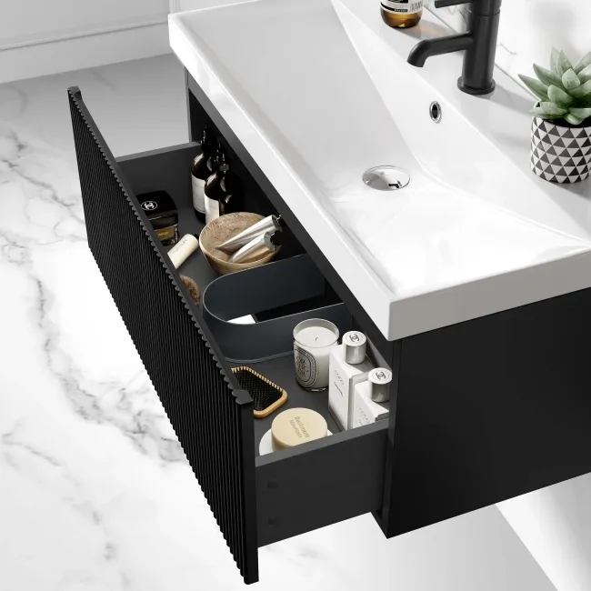 Malta Fluted Matt Black Wall Hung Basin Drawer Vanity 800mm