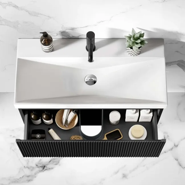 Malta Fluted Matt Black Wall Hung Basin Drawer Vanity 800mm