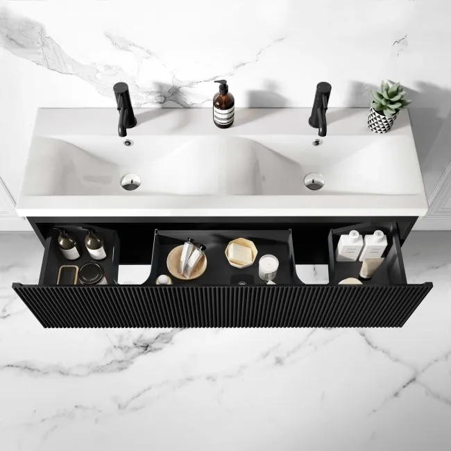 Malta Fluted Matt Black Wall Hung Double Basin Drawer Vanity 1200mm