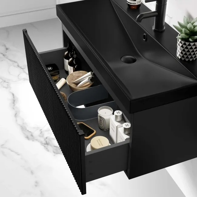 Malta Fluted Matt Black Wall Hung Drawer Vanity with Matt Black Basin 800mm