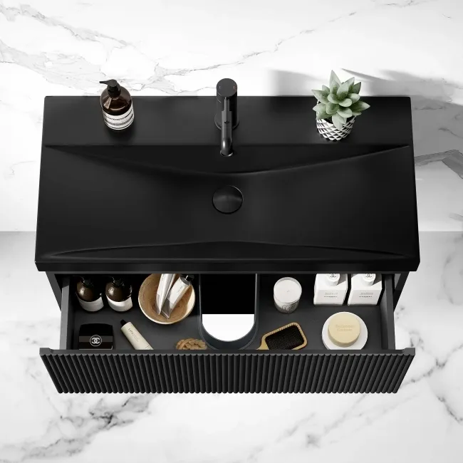 Malta Fluted Matt Black Wall Hung Drawer Vanity with Matt Black Basin 800mm