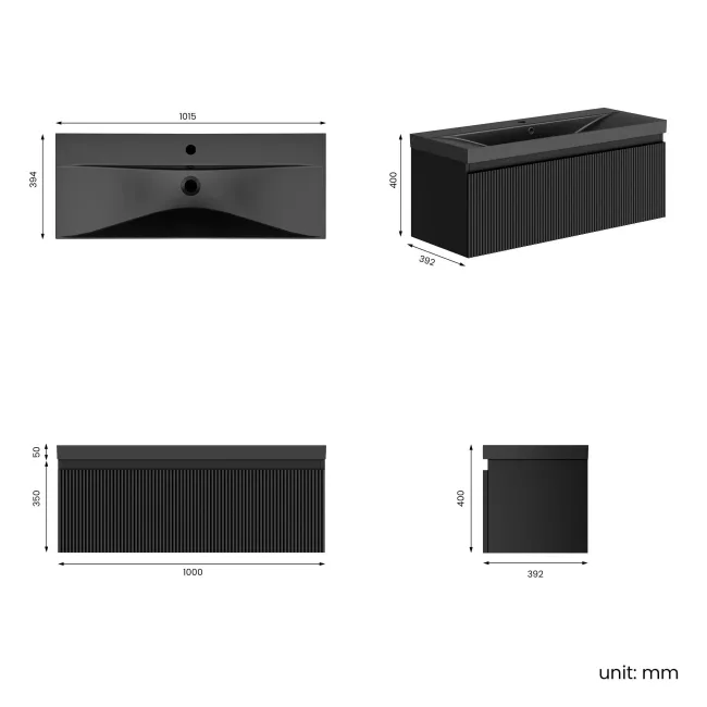 Malta Fluted Matt Black Wall Hung Drawer Vanity with Matt Black Basin 1000mm