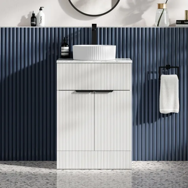 Havana Fluted Coastal White Cabinet with Marble Top & Nevis Basin 600mm - Black Accents