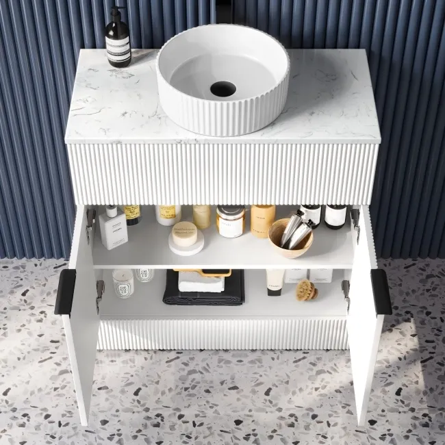 Havana Fluted Coastal White Cabinet with Marble Top & Nevis Basin 800mm - Black Accents