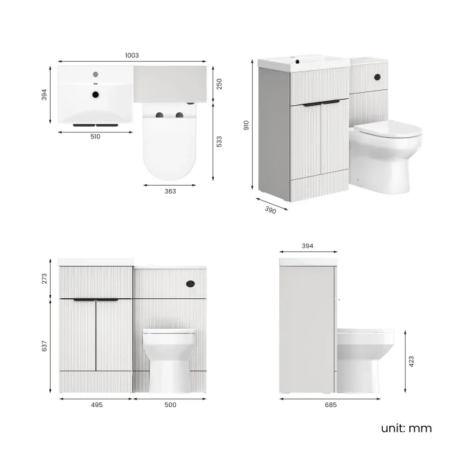 Havana Fluted Coastal White Combination Vanity Basin and Miami Toilet 1000mm - Black Accents