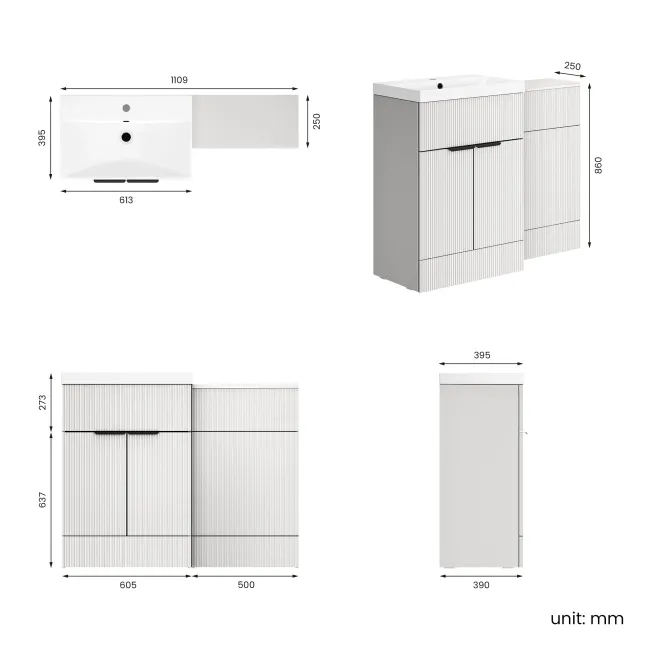 Havana Fluted Coastal White Basin Vanity and Toilet Unit 1100mm (No Toilet) - Black Accents