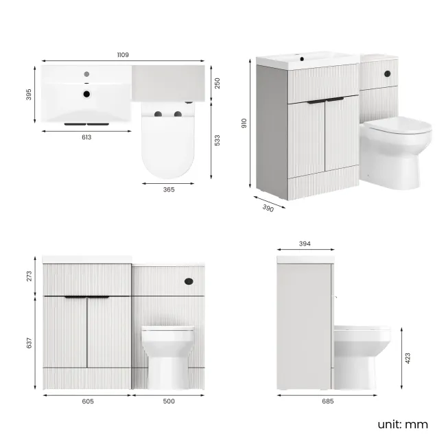 Havana Fluted Coastal White Combination Vanity Basin and Miami Toilet 1100mm - Black Accents