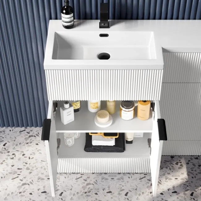 Havana Fluted Coastal White Vanity Basin and Tucson Toilet 1100mm - Black Accents - Left Handed
