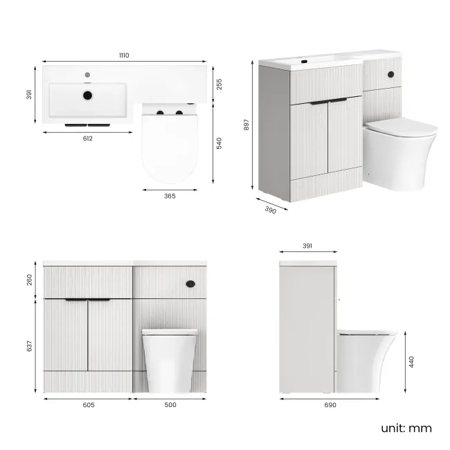 Havana Fluted Coastal White Vanity Basin and Tucson Toilet 1100mm - Black Accents - Left Handed