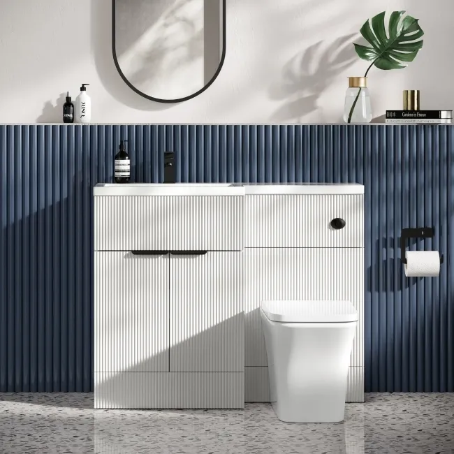Havana Fluted Coastal White Vanity Basin and Houston Toilet 1100mm - Black Accents - Left Handed