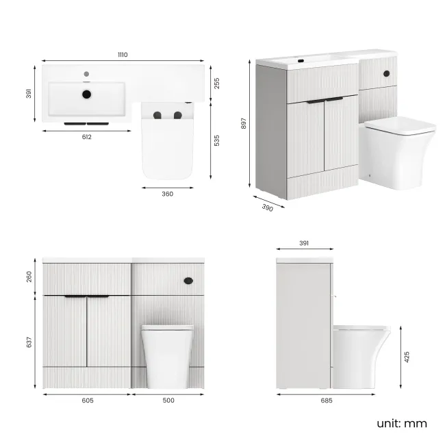 Havana Fluted Coastal White Vanity Basin and Houston Toilet 1100mm - Black Accents - Left Handed