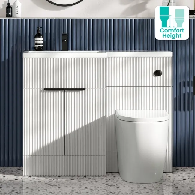 Havana Fluted Coastal White Vanity Basin and Utah Comfort Height Toilet 1100mm Black Accents - Left