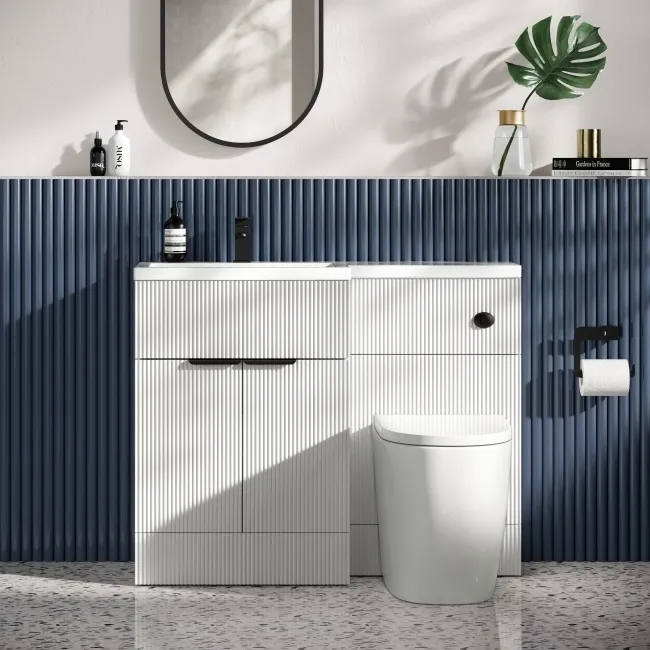 Havana Fluted Coastal White Vanity Basin and Utah Comfort Height Toilet 1100mm Black Accents - Left