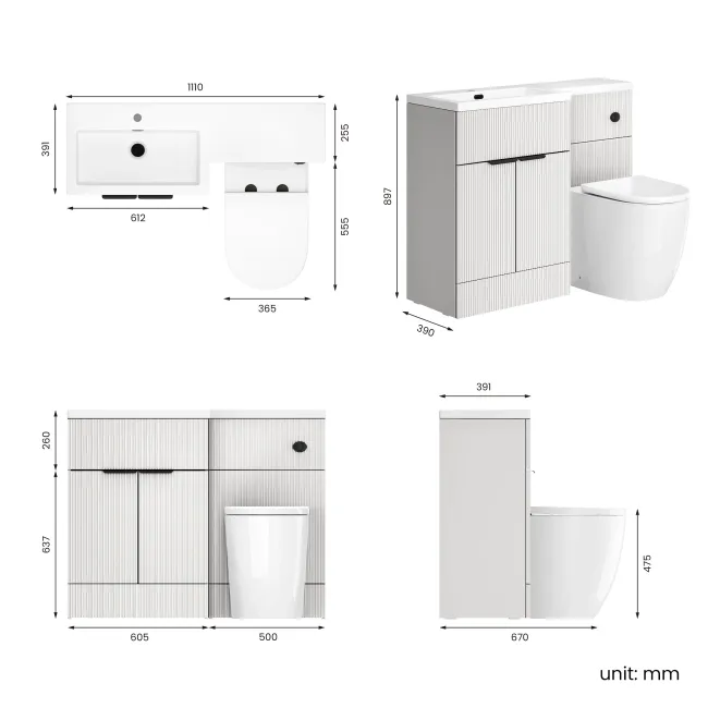 Havana Fluted Coastal White Vanity Basin and Utah Comfort Height Toilet 1100mm Black Accents - Left