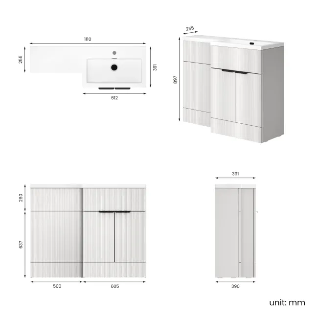 Havana Fluted Coastal White Basin Vanity and Toilet Unit 1100mm (No Toilet) - Black Accents - Right