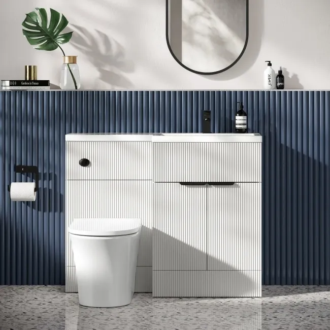 Havana Fluted Coastal White Vanity Basin and Tucson Toilet 1100mm - Black Accents - Right Handed