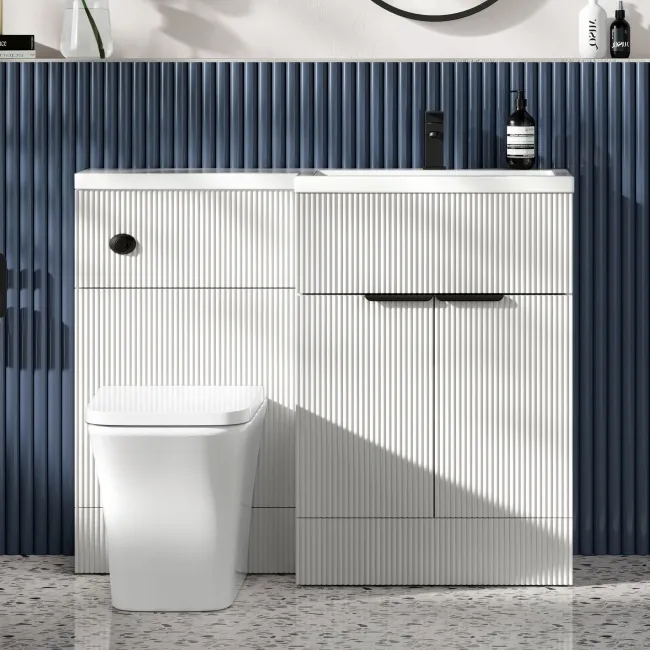 Havana Fluted Coastal White Vanity Basin and Houston Toilet 1100mm - Black Accents - Right Handed
