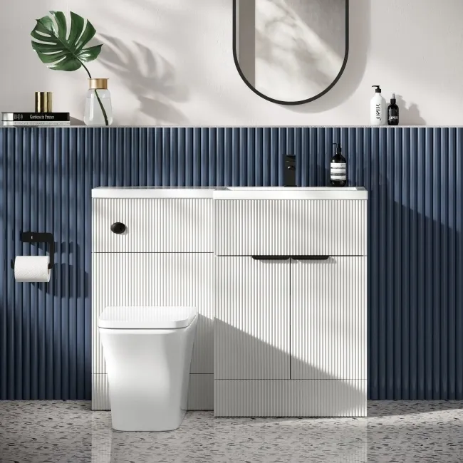 Havana Fluted Coastal White Vanity Basin and Houston Toilet 1100mm - Black Accents - Right Handed