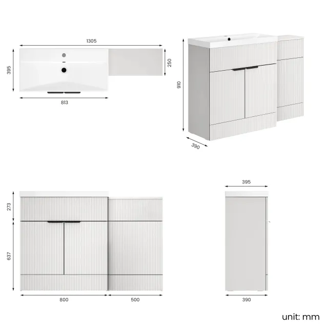 Havana Fluted Coastal White Basin Vanity and Toilet Unit 1300mm (No Toilet) - Black Accents