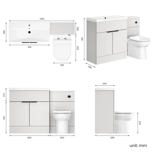 Havana Fluted Coastal White Combination Vanity Basin and Aruba Toilet 1300mm - Black Accents