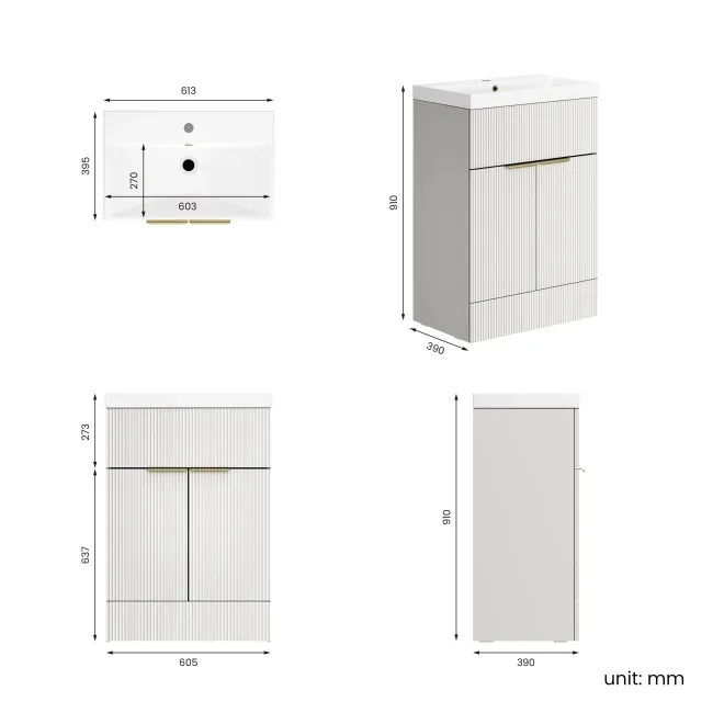Havana Fluted Coastal White Basin Vanity 600mm - Brushed Brass Accents