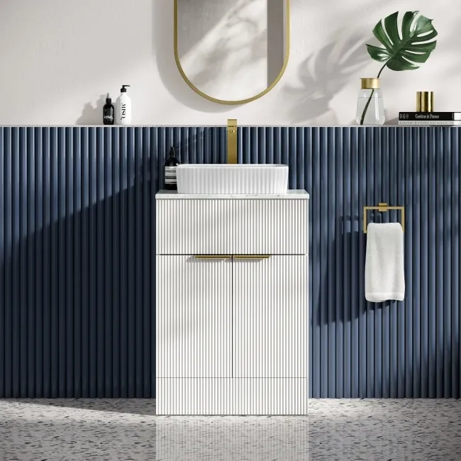 Havana Fluted Coastal White Cabinet with Marble Top & Reno Basin 600mm - Brushed Brass Accents