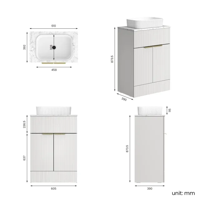 Havana Fluted Coastal White Cabinet with Marble Top & Reno Basin 600mm - Brushed Brass Accents