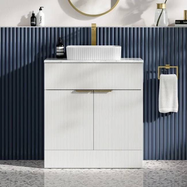 Havana Fluted Coastal White Cabinet with Marble Top & Reno Basin 800mm - Brushed Brass Accents