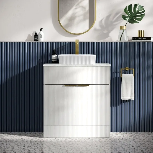 Havana Fluted Coastal White Cabinet with Marble Top & Reno Basin 800mm - Brushed Brass Accents