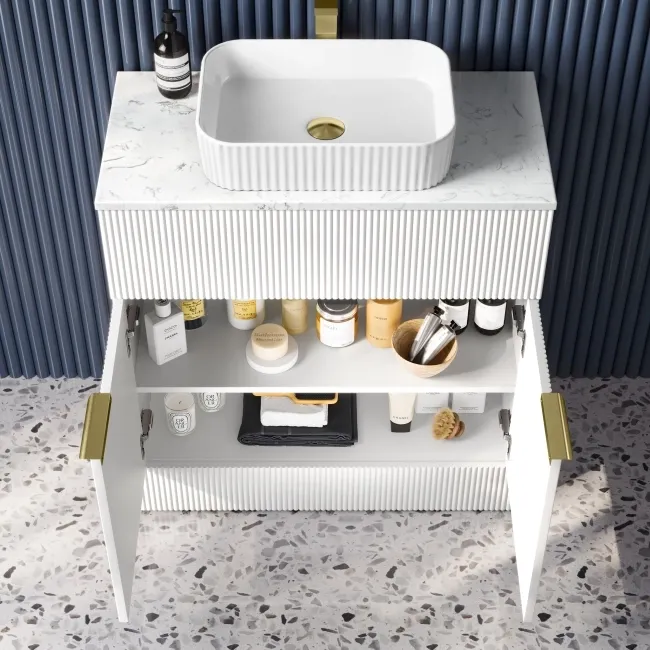 Havana Fluted Coastal White Cabinet with Marble Top & Reno Basin 800mm - Brushed Brass Accents