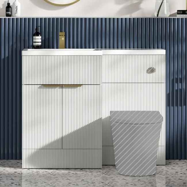 Havana Fluted Coastal White Basin Vanity and Toilet Unit 1100mm (No Toilet) - Brass Accents - Left