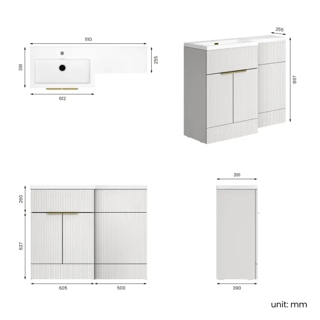 Havana Fluted Coastal White Basin Vanity and Toilet Unit 1100mm (No Toilet) - Brass Accents - Left