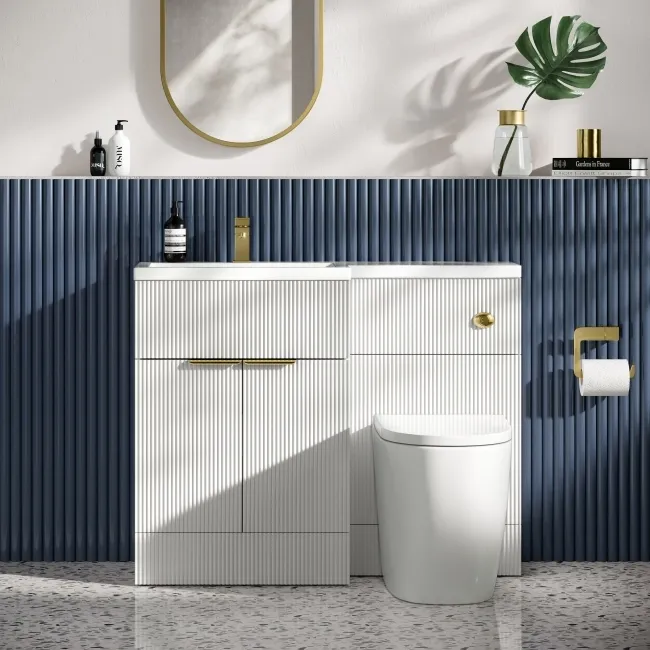 Havana Fluted Coastal White Vanity Basin and Utah Comfort Height Toilet 1100mm Brass Accents - Left