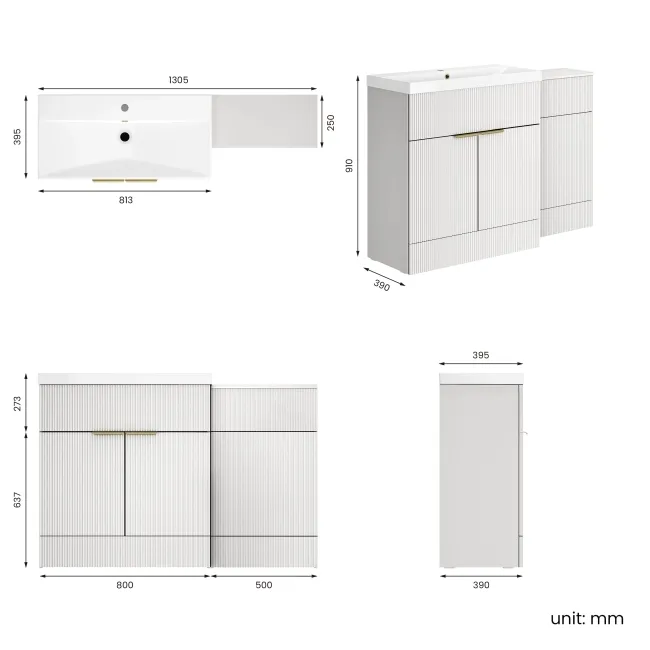 Havana Fluted Coastal White Basin Vanity and Toilet Unit 1300mm (No Toilet) - Brass Accents