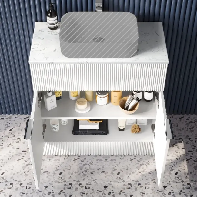 Havana Fluted Coastal White Cabinet with Marble Top 800mm (No Basin) - Chrome Handles