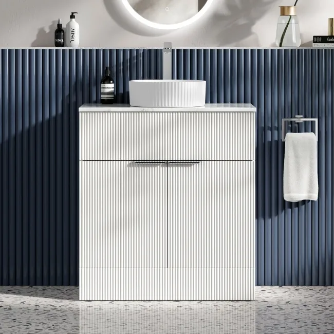 Havana Fluted Coastal White Cabinet with Marble Top & Nevis Basin 800mm - Chrome Handles