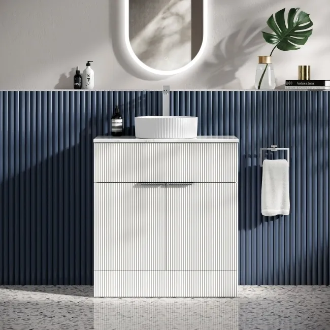 Havana Fluted Coastal White Cabinet with Marble Top & Nevis Basin 800mm - Chrome Handles