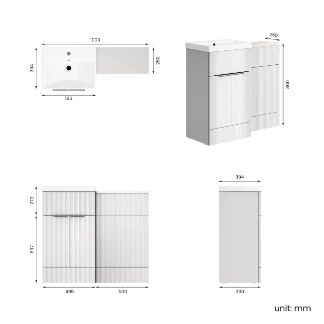 Havana Fluted Coastal White Basin Vanity and Toilet Unit 1000mm (No Toilet) - Chrome Handles